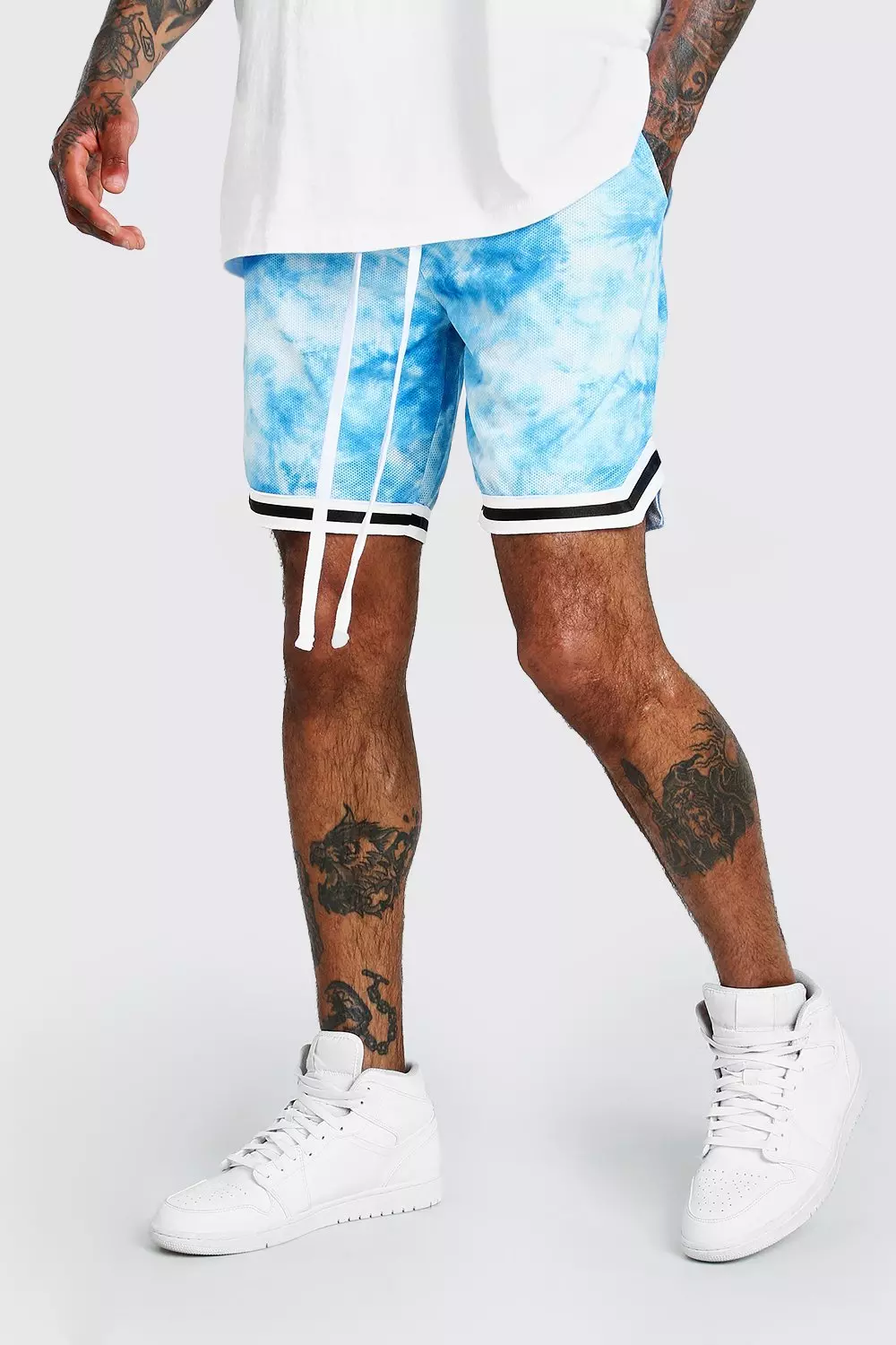 Tie Dye Airtex Basketball Shorts With Tape | boohooMAN USA